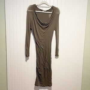 James Perse Olive Bodycon Dress Cowl Neck Sheer Sleeves Size Medium